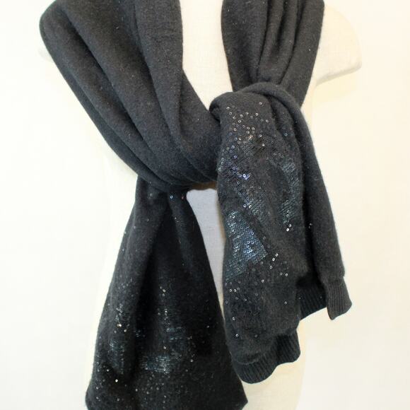 GD Knit 2-ply 100% Cashmere Double Black Sequin logo Scarf Soft Warm Designer - Picture 8 of 9